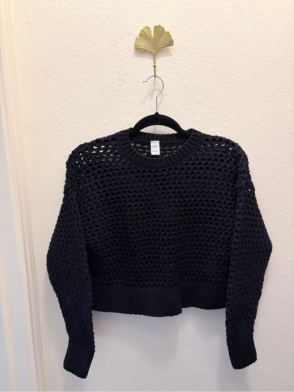 Old Navy Black Crochet Open-Knit Crewneck Sweater Size Small